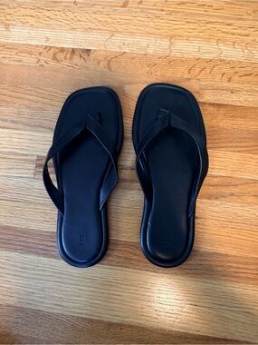 COS Black square toe Leather Flip Flops
